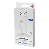 X2O USB-A–USB-C-kaapeli Basic 60W 2m Valkoinen