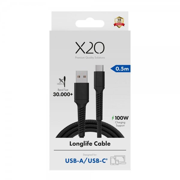 X2O USB-A–USB-C-kaapeli Longlife 60W 0,5m Musta