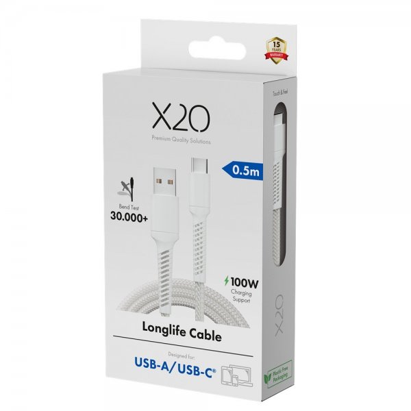 X2O USB-A–USB-C-kaapeli Longlife 60W 0,5 m valkoinen
