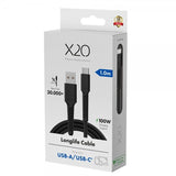 X2O USB-A–USB-C-kaapeli Longlife 60W 1m Musta