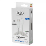 X2O USB-A–USB-C-kaapeli Longlife 60W 1m valkoinen