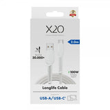 X2O USB-A–USB-C-kaapeli Longlife 60W 2m Valkoinen