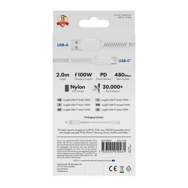 X2O USB-A–USB-C-kaapeli Longlife 60W 2m Valkoinen