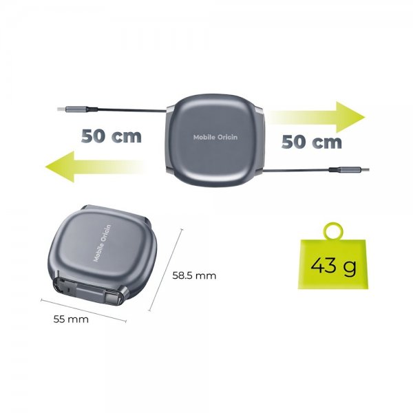 Mobile Origin USB-C -kaapeli 100W sisäänvedettävä kaapelirasia Harmaa