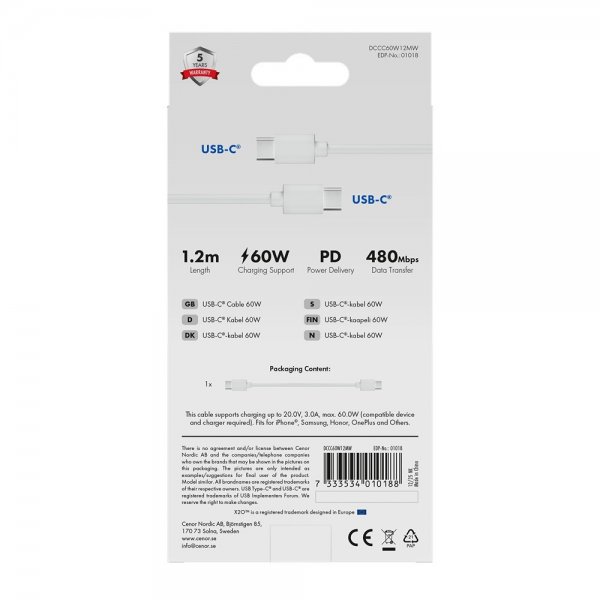 X2O USB-C–USB-C-kaapeli Basic 60W 1.2m Valkoinen