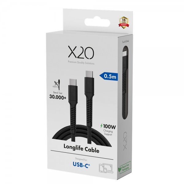 X2O USB-C–USB-C-kaapeli Longlife 100 W 0,5 m musta