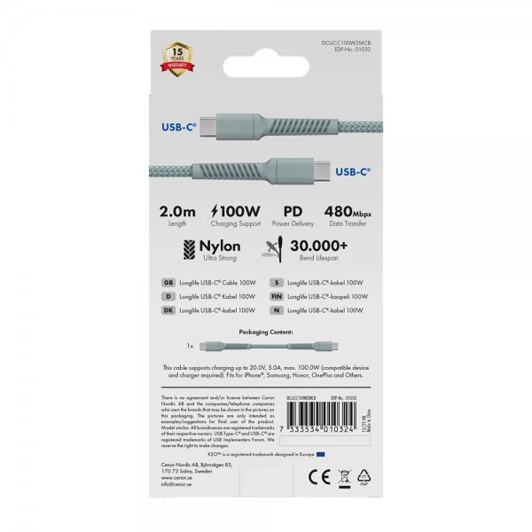X2O USB-C–USB-C-kaapeli Longlife 100W 2 m, sininen