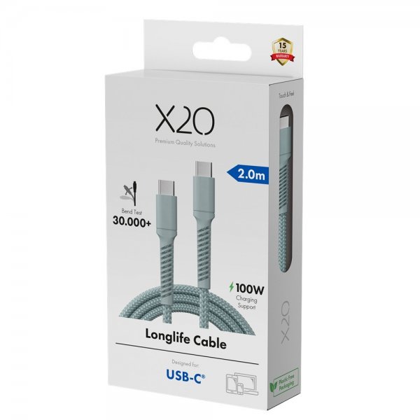 X2O USB-C–USB-C-kaapeli Longlife 100W 2 m, sininen