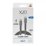 X2O USB-C–USB-C-kaapeli Longlife 100 W 2 m harmaa