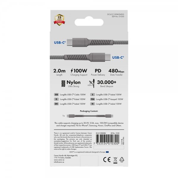 X2O USB-C–USB-C-kaapeli Longlife 100 W 2 m harmaa