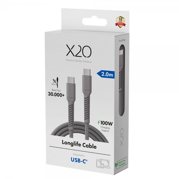 X2O USB-C–USB-C-kaapeli Longlife 100 W 2 m harmaa