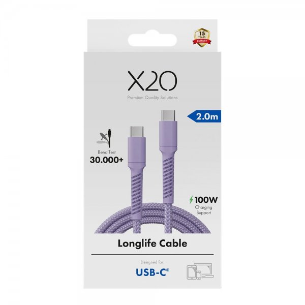 X2O USB-C–USB-C-kaapeli Longlife 100W 2m Violetti