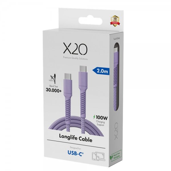 X2O USB-C–USB-C-kaapeli Longlife 100W 2m Violetti
