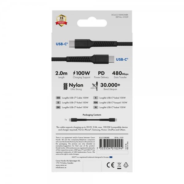 X2O USB-C–USB-C-kaapeli Longlife 100W 2m Musta