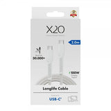 X2O USB-C–USB-C-kaapeli Longlife 100W 2m Valkoinen
