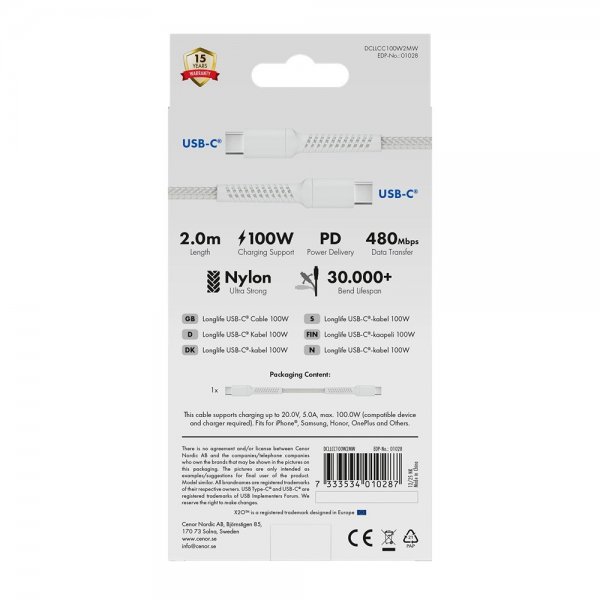 X2O USB-C–USB-C-kaapeli Longlife 100W 2m Valkoinen