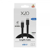 X2O USB-C–USB-C-kaapeli Longlife 100W 3m musta