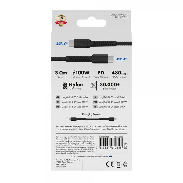 X2O USB-C–USB-C-kaapeli Longlife 100W 3m musta