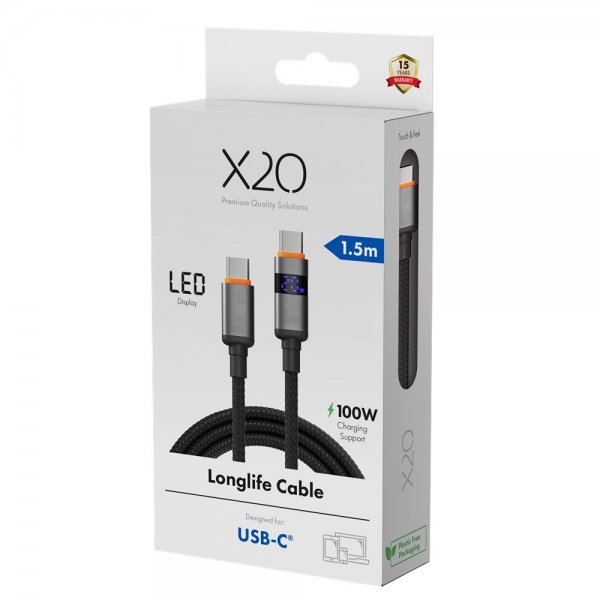 X2O USB-C–USB-C-kaapeli Longlife LED-näyttö 100W 1.5m Musta