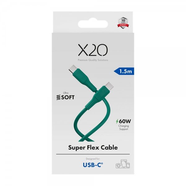 X2O USB-C–USB-C-kaapeli Superflex 60W 1,5 m Vihreä
