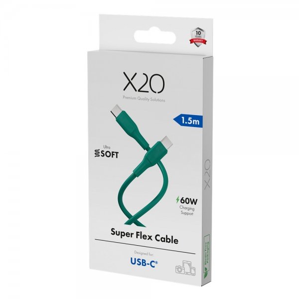 X2O USB-C–USB-C-kaapeli Superflex 60W 1,5 m Vihreä