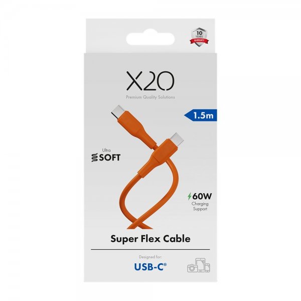 X2O USB-C-USB-C-kaapeli Superflex 60W 1.5m Oranssi