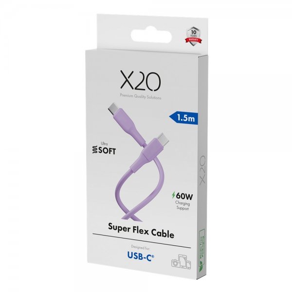 X2O USB-C–USB-C-kaapeli Superflex 60W 1.5m, pinkki