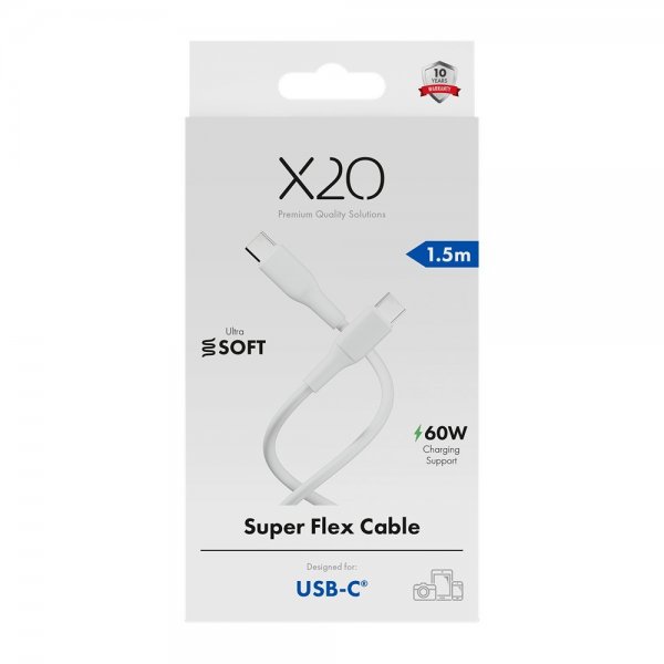 X2O USB-C–USB-C-kaapeli Superflex 60W 1.5m, valkoinen