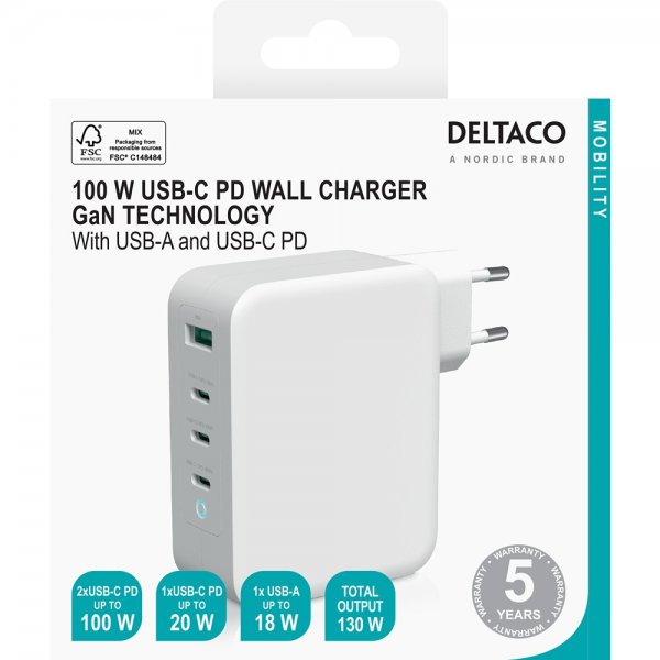 Deltaco Seinälaturi 3xUSB-C ja 1xUSB-A GaN 100W