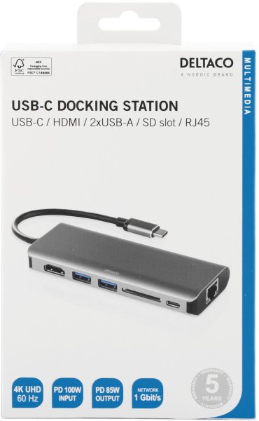 Deltaco Telakointiasema USB-C HDMI/RJ45/USB-A, avaruusharmaa