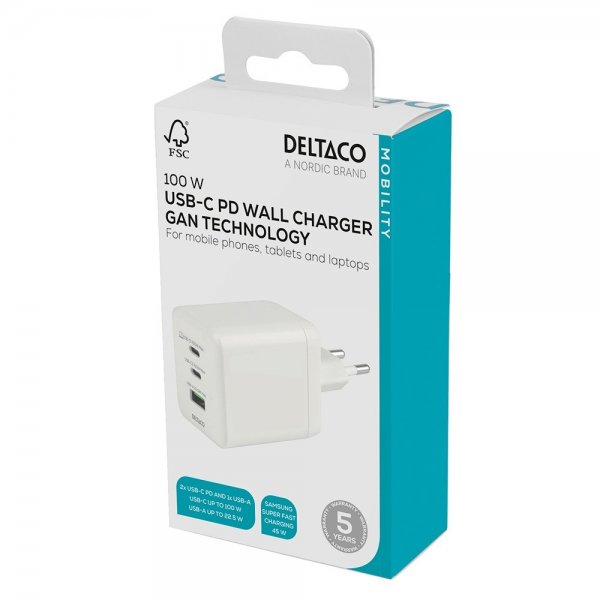 Deltaco seinälaturi GaN 1x USB-A 2x USB-C PPS 100W