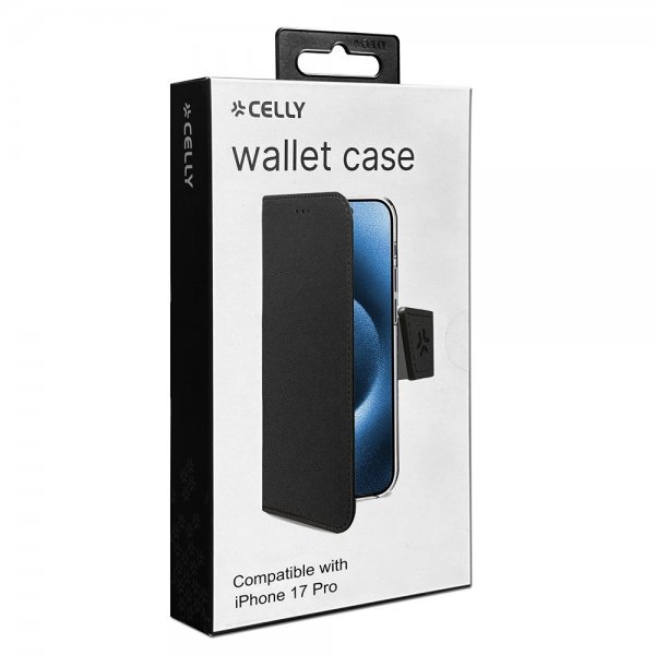 Celly iPhone 17 Pro -suojakuori Wally Wallet Case, musta