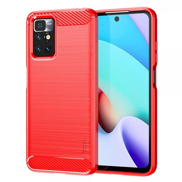 Mofi Xiaomi Redmi 10 Kuori Harjattu hiilikuitukuvio Punainen