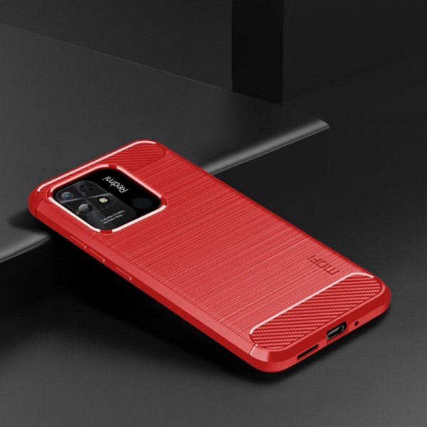 Mofi Xiaomi Redmi 10C Harjattu Hiilikuitu Kuviointi Suojakuori Punainen