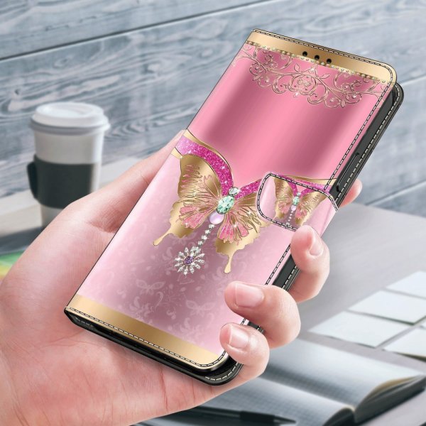 Xiaomi Redmi 12C Kotelo Perhonen Vaaleanpunainen ja Kulta Kuvio
