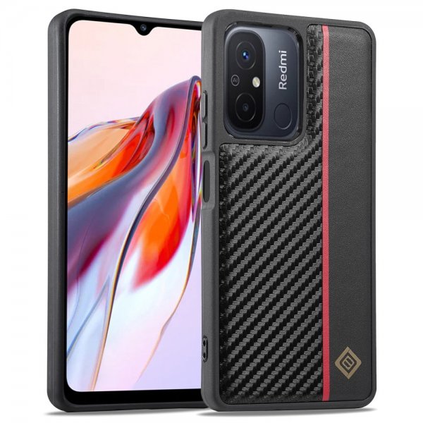 Lc.Imeeke Xiaomi Redmi 12C -suojakuori, hiilikuitukuvio, punainen raita, musta