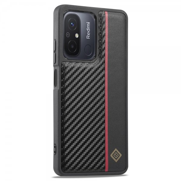 Lc.Imeeke Xiaomi Redmi 12C -suojakuori, hiilikuitukuvio, punainen raita, musta