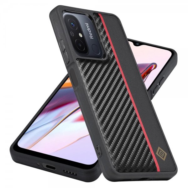 Lc.Imeeke Xiaomi Redmi 12C -suojakuori, hiilikuitukuvio, punainen raita, musta